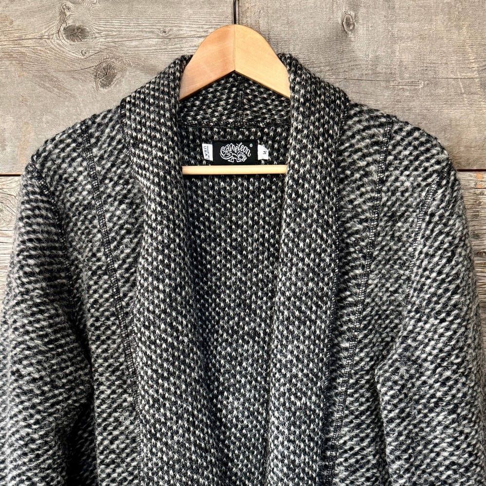 Cameleon Womens Wool Knit Sweater‎ Jacket M Gray Herringbone Oversized Lagenlook